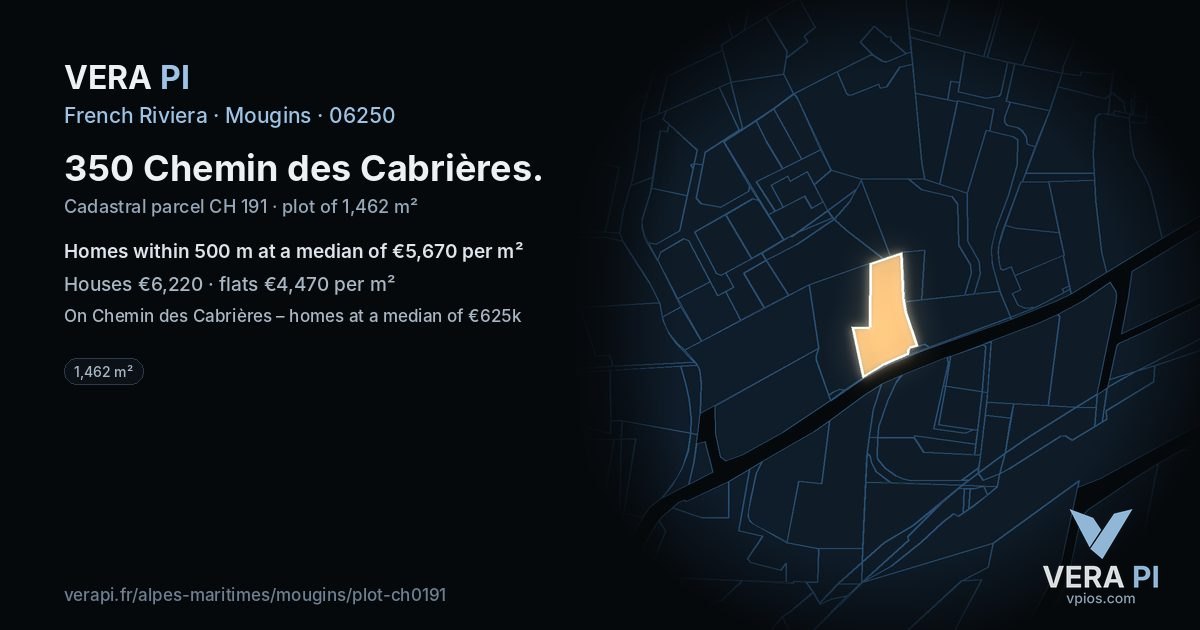 350 Chemin des Cabrières, Mougins at night – the plot lit, the parcels around coloured by the prices near them
