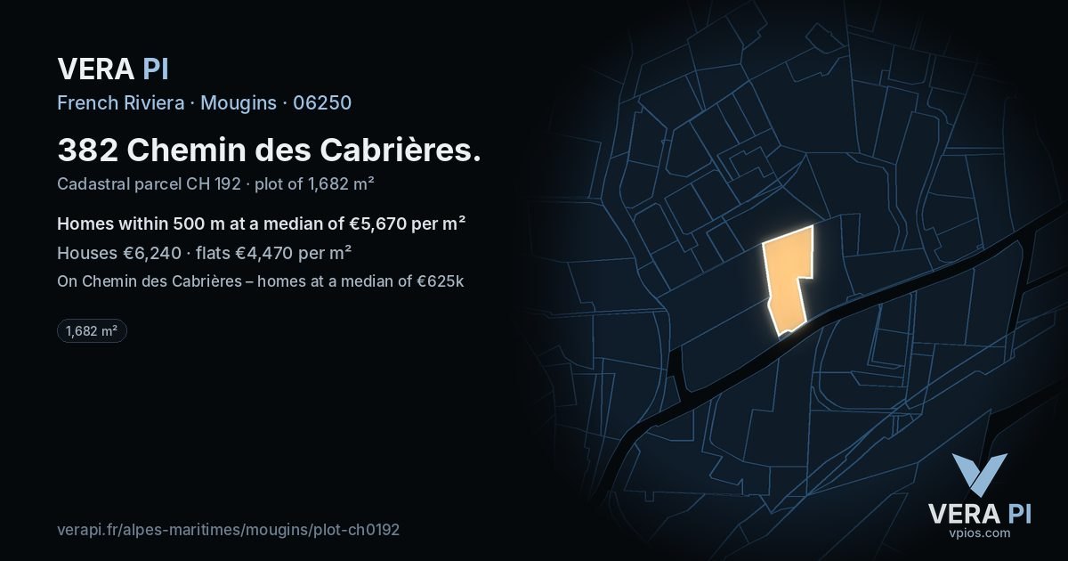 382 Chemin des Cabrières, Mougins at night – the plot lit, the parcels around coloured by the prices near them