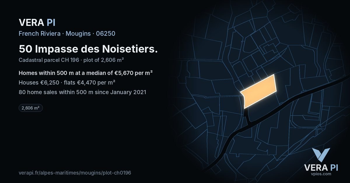 50 Impasse des Noisetiers, Mougins at night – the plot lit, the parcels around coloured by the prices near them