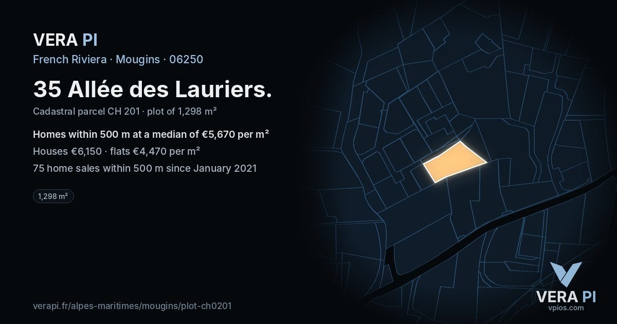 35 Allée des Lauriers, Mougins at night – the plot lit, the parcels around coloured by the prices near them
