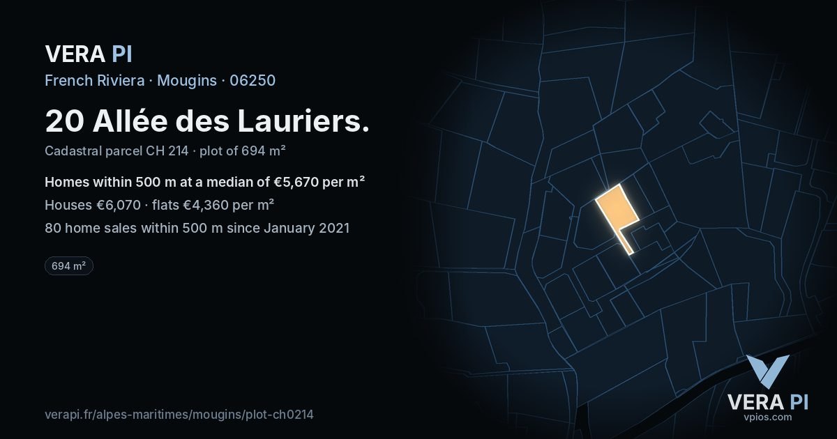 20 Allée des Lauriers, Mougins at night – the plot lit, the parcels around coloured by the prices near them