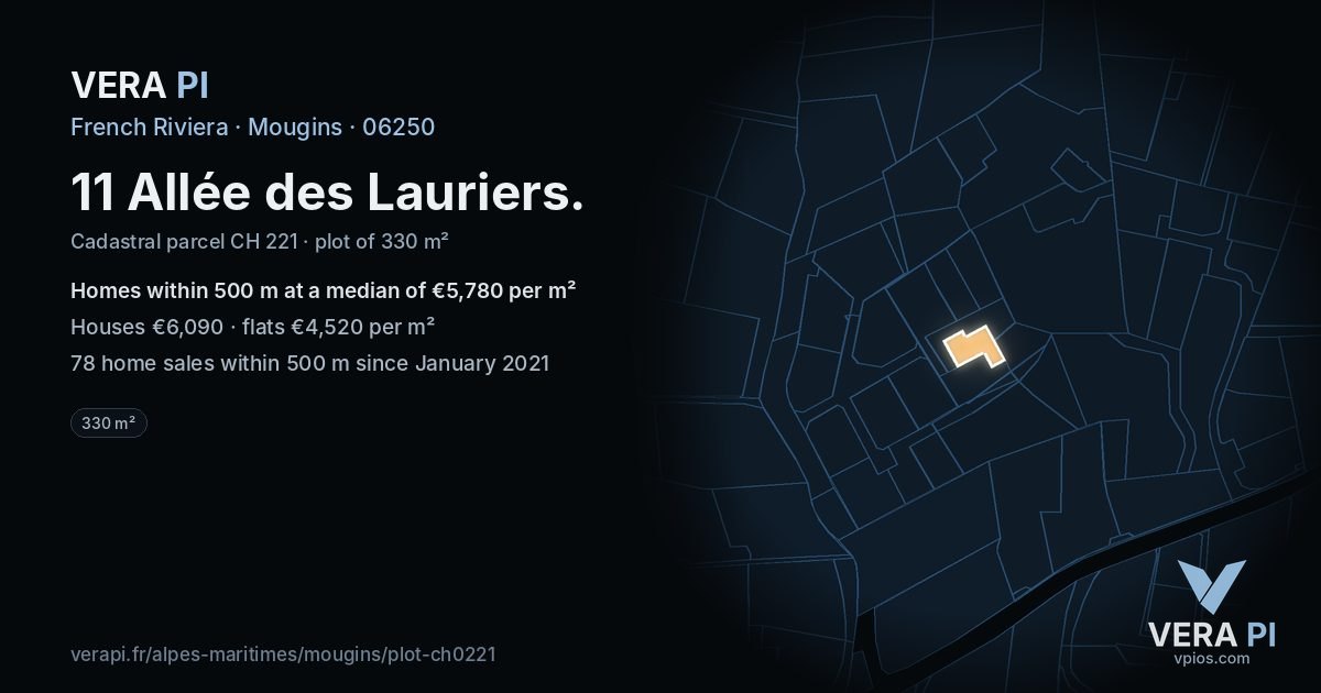11 Allée des Lauriers, Mougins at night – the plot lit, the parcels around coloured by the prices near them