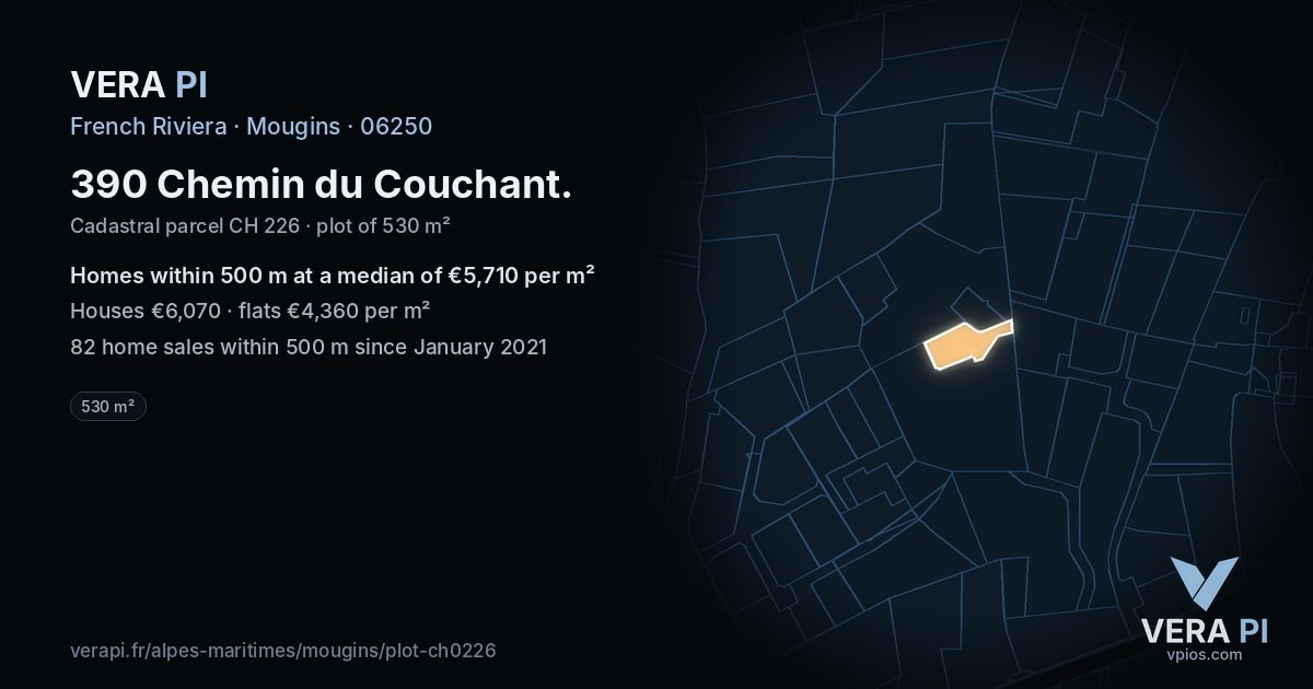 390 Chemin du Couchant, Mougins at night – the plot lit, the parcels around coloured by the prices near them