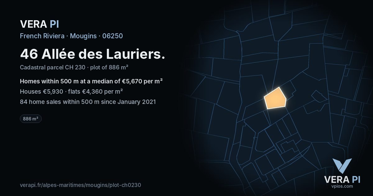 46 Allée des Lauriers, Mougins at night – the plot lit, the parcels around coloured by the prices near them