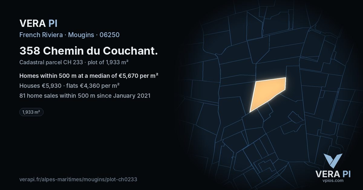 358 Chemin du Couchant, Mougins at night – the plot lit, the parcels around coloured by the prices near them