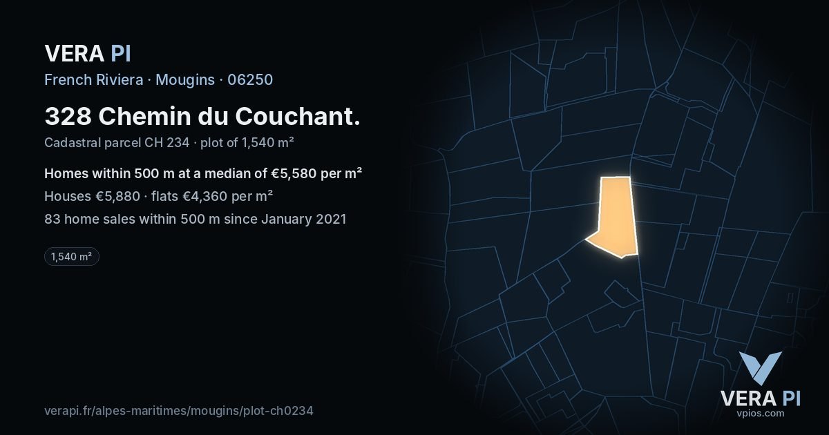 328 Chemin du Couchant, Mougins at night – the plot lit, the parcels around coloured by the prices near them