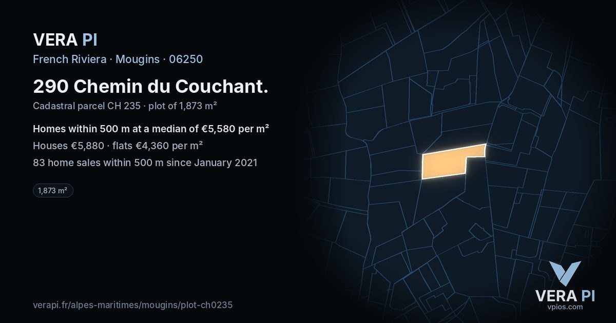 290 Chemin du Couchant, Mougins at night – the plot lit, the parcels around coloured by the prices near them