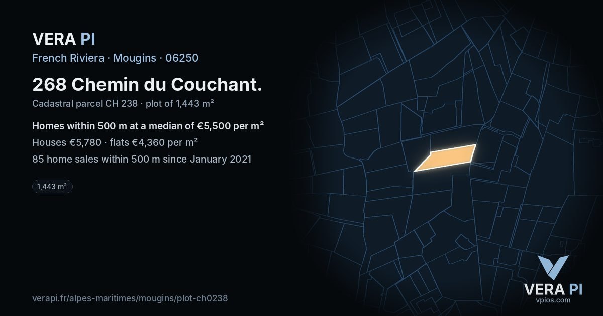 268 Chemin du Couchant, Mougins at night – the plot lit, the parcels around coloured by the prices near them