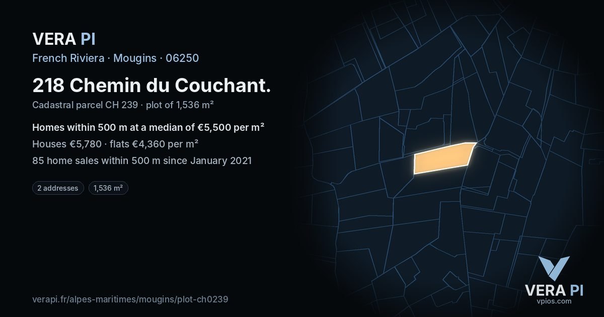 218 Chemin du Couchant, Mougins at night – the plot lit, the parcels around coloured by the prices near them