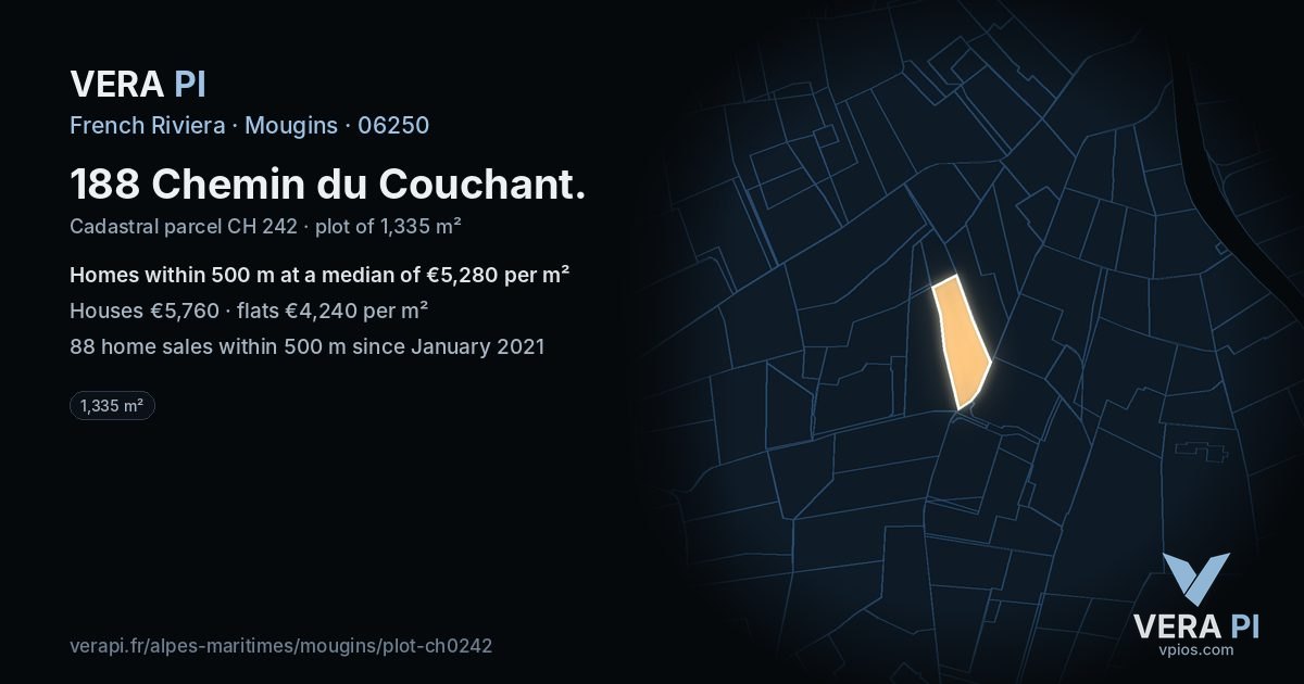 188 Chemin du Couchant, Mougins at night – the plot lit, the parcels around coloured by the prices near them