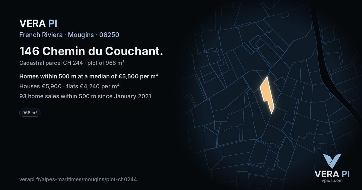 146 Chemin du Couchant, Mougins at night – the plot lit, the parcels around coloured by the prices near them