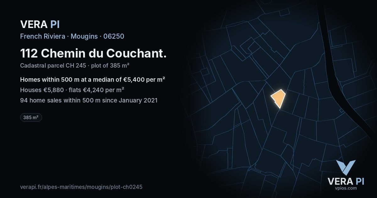 112 Chemin du Couchant, Mougins at night – the plot lit, the parcels around coloured by the prices near them