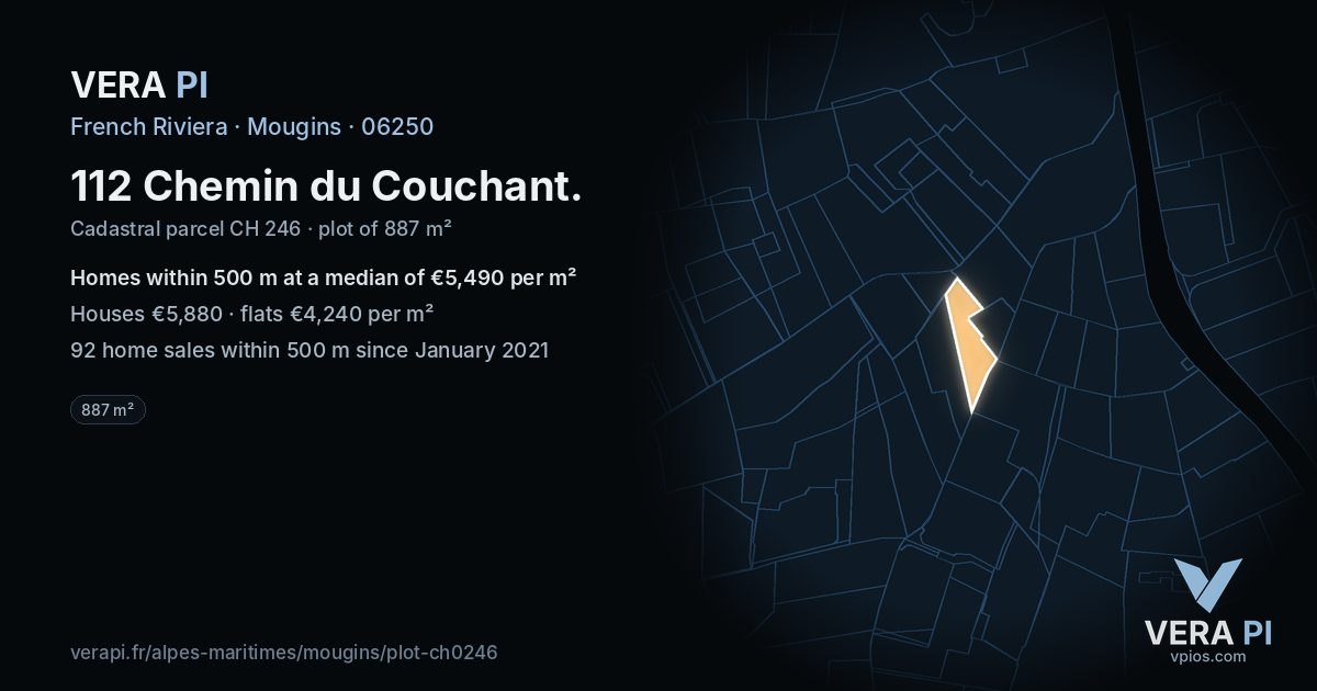 112 Chemin du Couchant, Mougins at night – the plot lit, the parcels around coloured by the prices near them