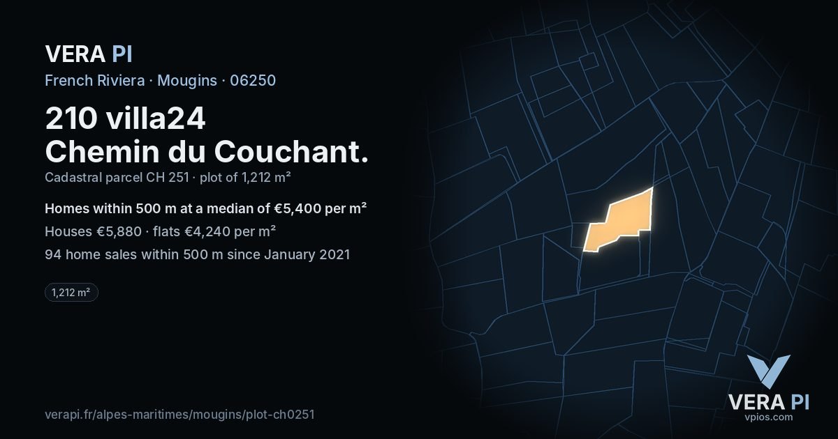 210 villa24 Chemin du Couchant, Mougins at night – the plot lit, the parcels around coloured by the prices near them