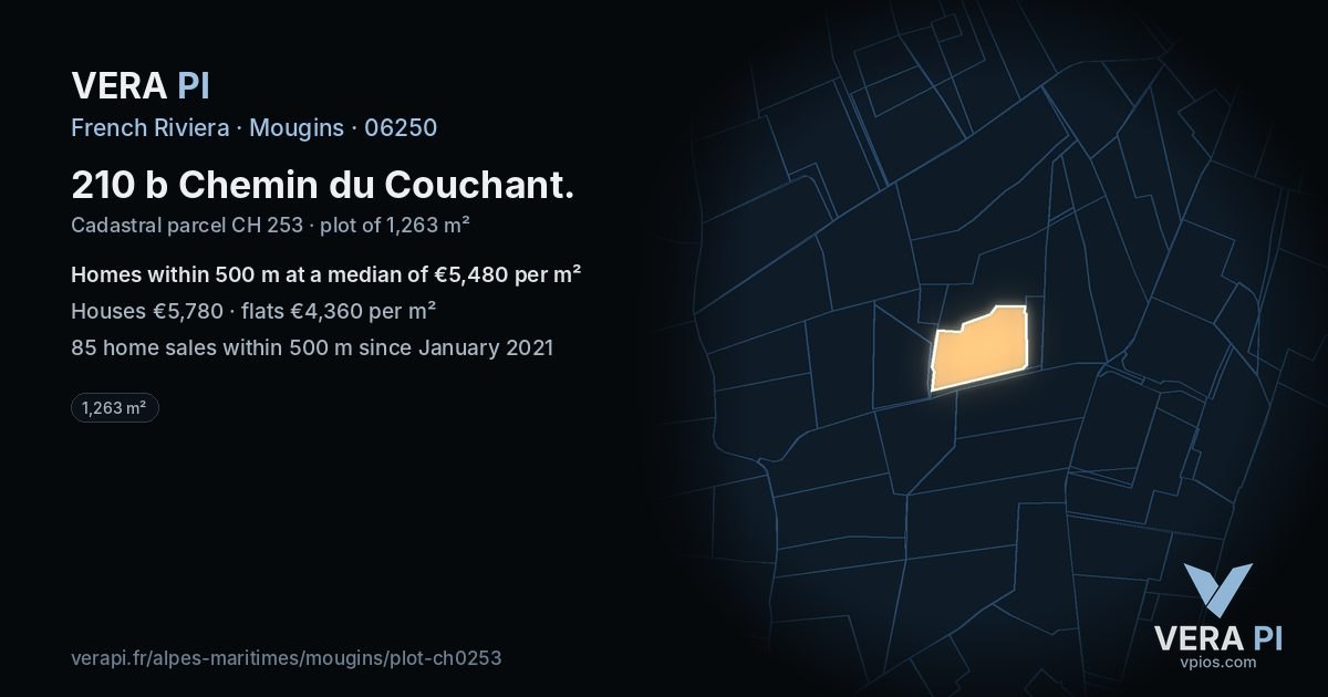 210 b Chemin du Couchant, Mougins at night – the plot lit, the parcels around coloured by the prices near them