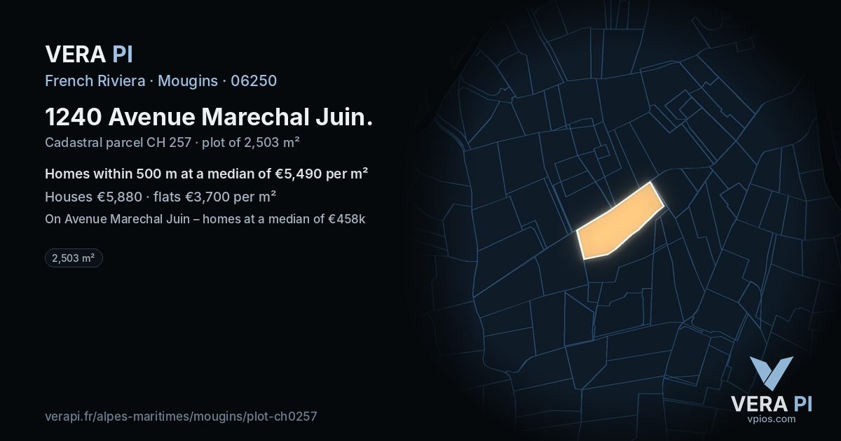 1240 Avenue Marechal Juin, Mougins at night – the plot lit, the parcels around coloured by the prices near them