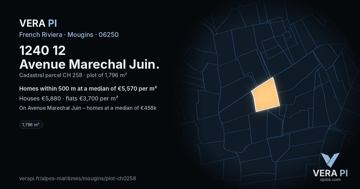 1240 12 Avenue Marechal Juin, Mougins at night – the plot lit, the parcels around coloured by the prices near them