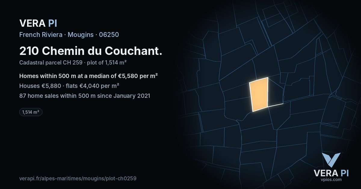 210 Chemin du Couchant, Mougins at night – the plot lit, the parcels around coloured by the prices near them