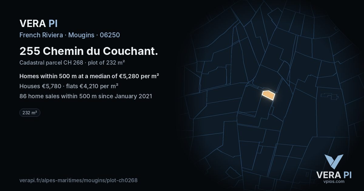 255 Chemin du Couchant, Mougins at night – the plot lit, the parcels around coloured by the prices near them