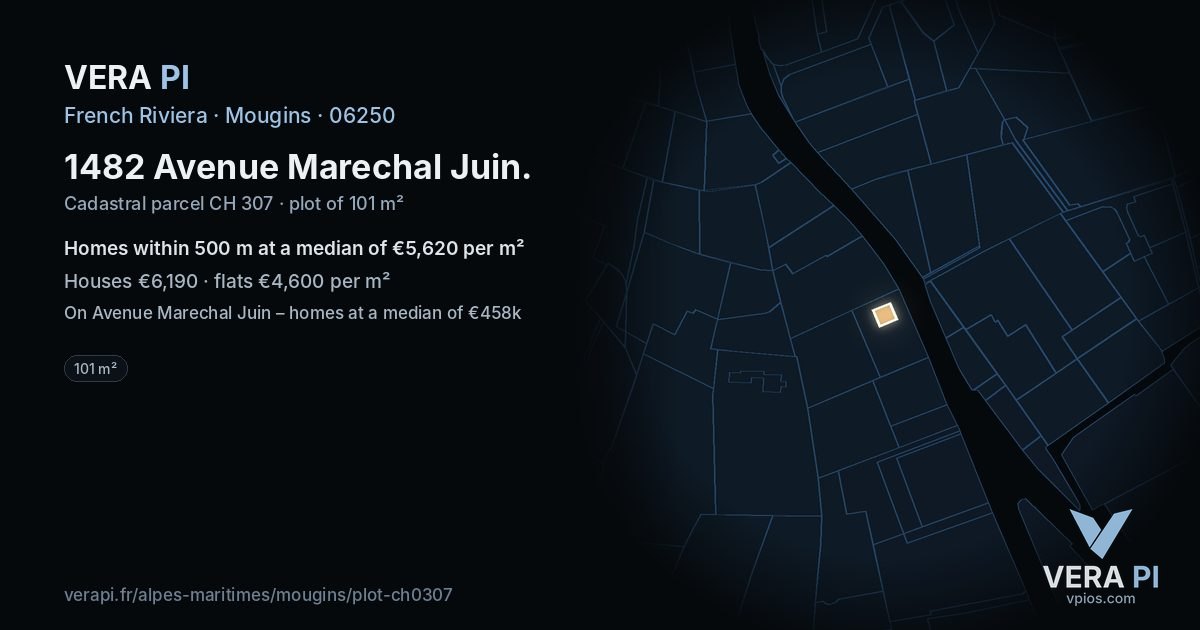 1482 Avenue Marechal Juin, Mougins at night – the plot lit, the parcels around coloured by the prices near them
