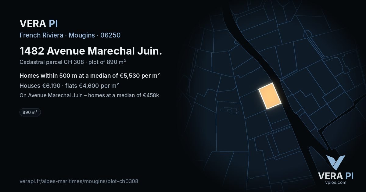 1482 Avenue Marechal Juin, Mougins at night – the plot lit, the parcels around coloured by the prices near them