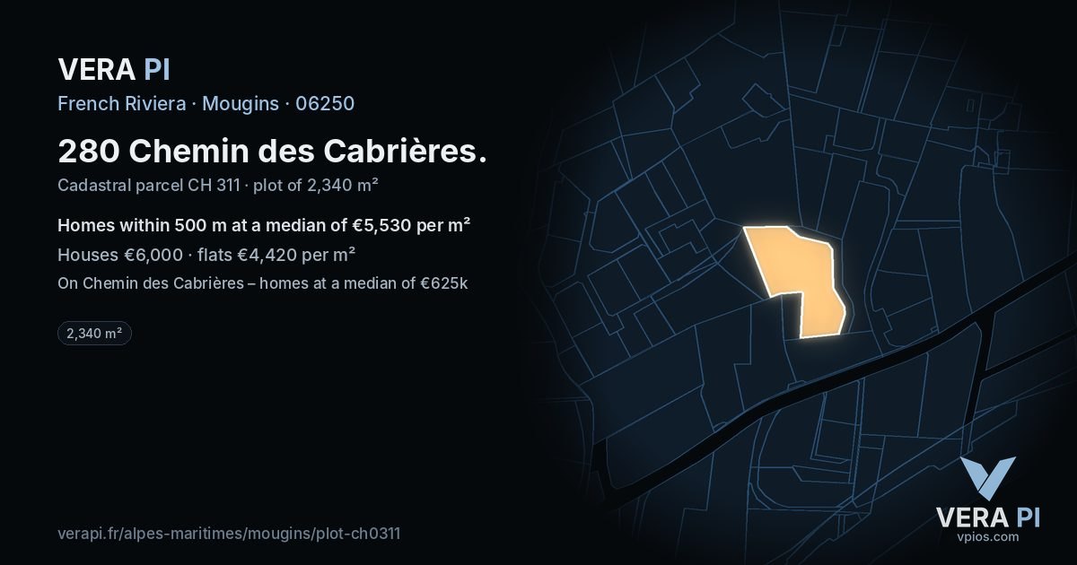 280 Chemin des Cabrières, Mougins at night – the plot lit, the parcels around coloured by the prices near them