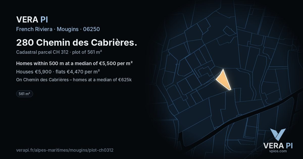 280 Chemin des Cabrières, Mougins at night – the plot lit, the parcels around coloured by the prices near them