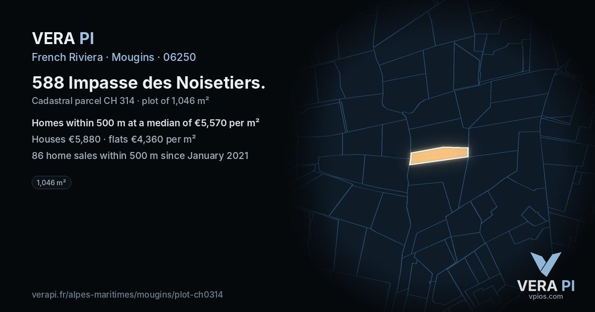 588 Impasse des Noisetiers, Mougins at night – the plot lit, the parcels around coloured by the prices near them