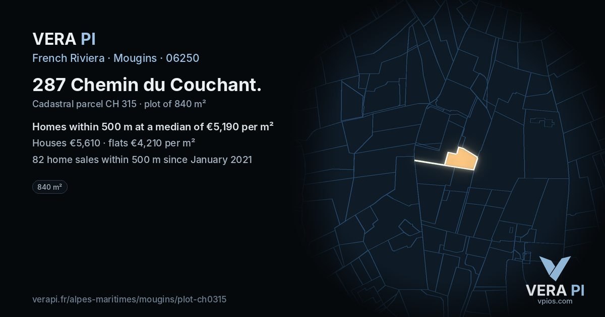 287 Chemin du Couchant, Mougins at night – the plot lit, the parcels around coloured by the prices near them