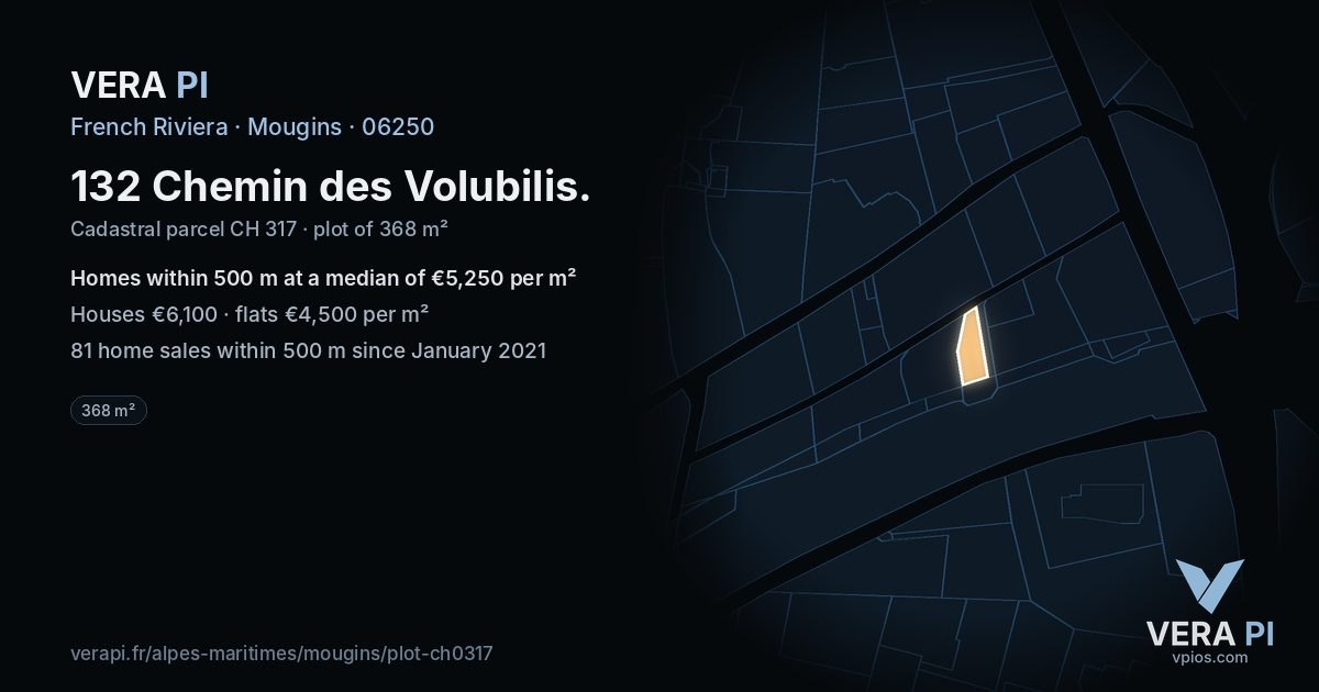 132 Chemin des Volubilis, Mougins at night – the plot lit, the parcels around coloured by the prices near them