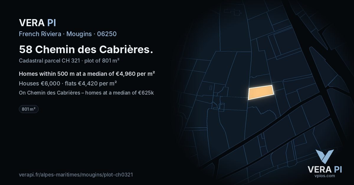 58 Chemin des Cabrières, Mougins at night – the plot lit, the parcels around coloured by the prices near them