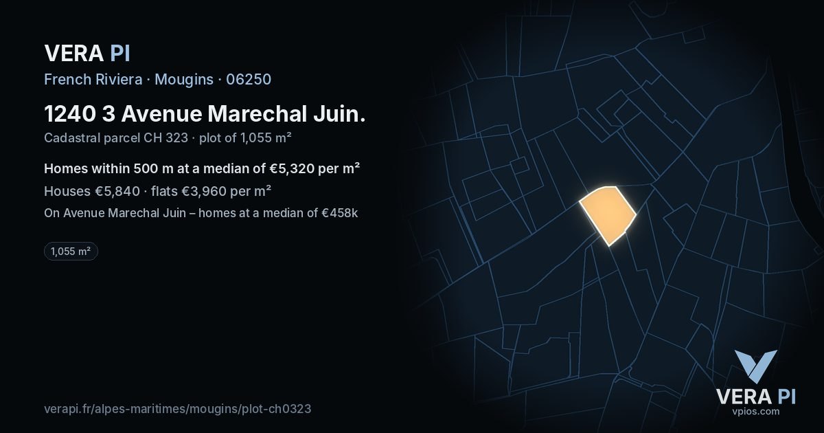 1240 3 Avenue Marechal Juin, Mougins at night – the plot lit, the parcels around coloured by the prices near them