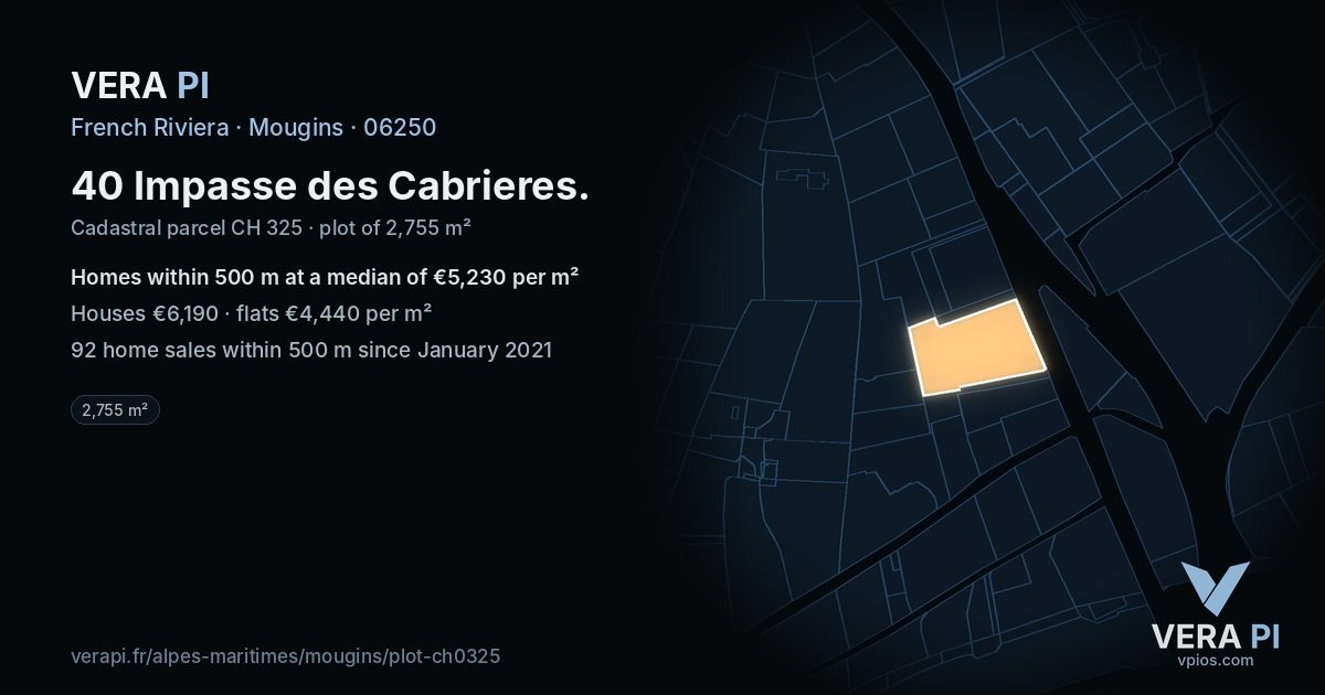 40 Impasse des Cabrieres, Mougins at night – the plot lit, the parcels around coloured by the prices near them