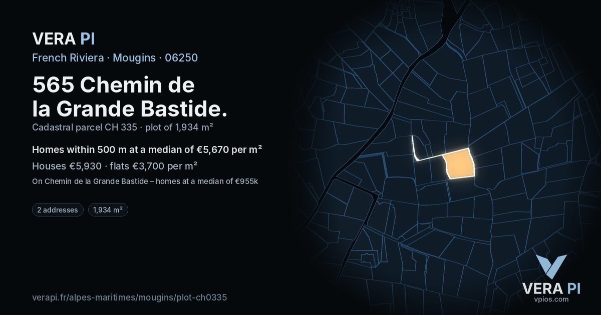 565 Chemin de la Grande Bastide, Mougins at night – the plot lit, the parcels around coloured by the prices near them