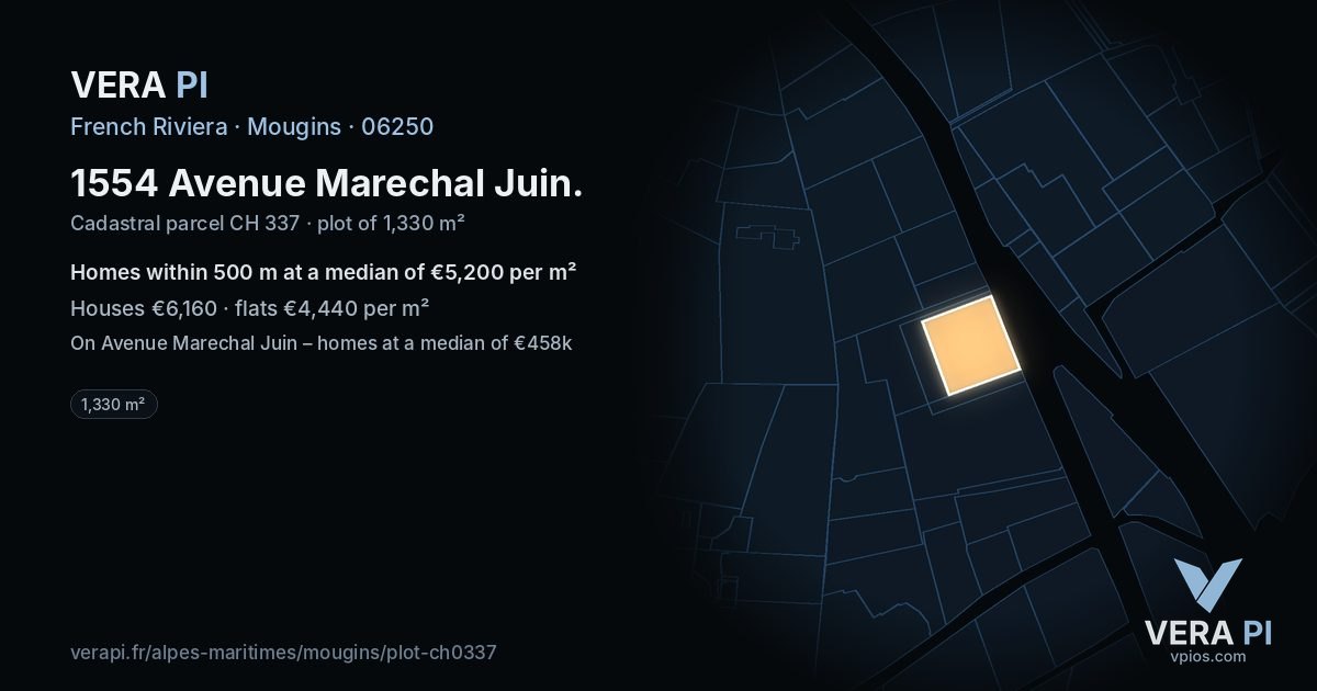 1554 Avenue Marechal Juin, Mougins at night – the plot lit, the parcels around coloured by the prices near them