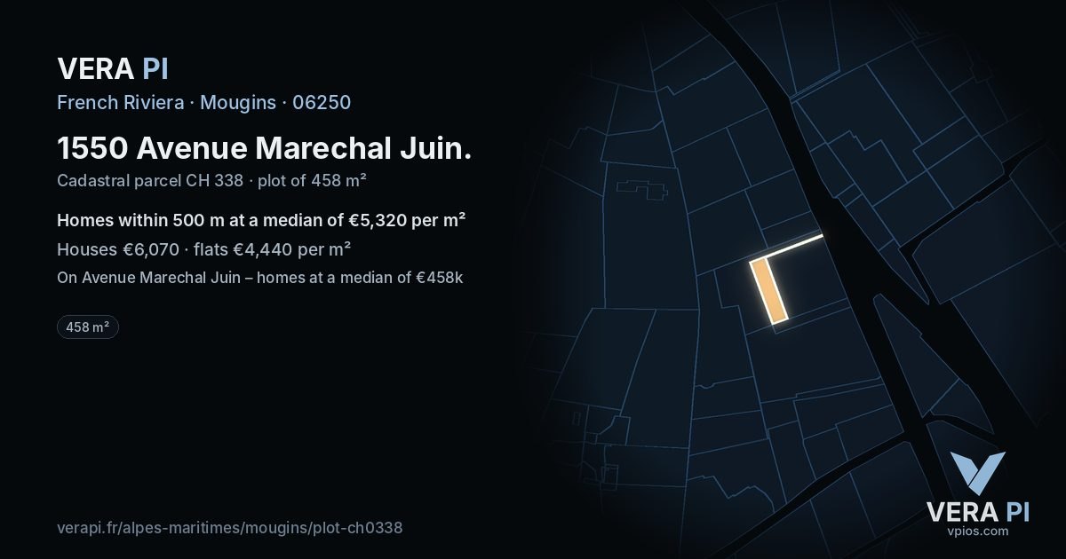 1550 Avenue Marechal Juin, Mougins at night – the plot lit, the parcels around coloured by the prices near them