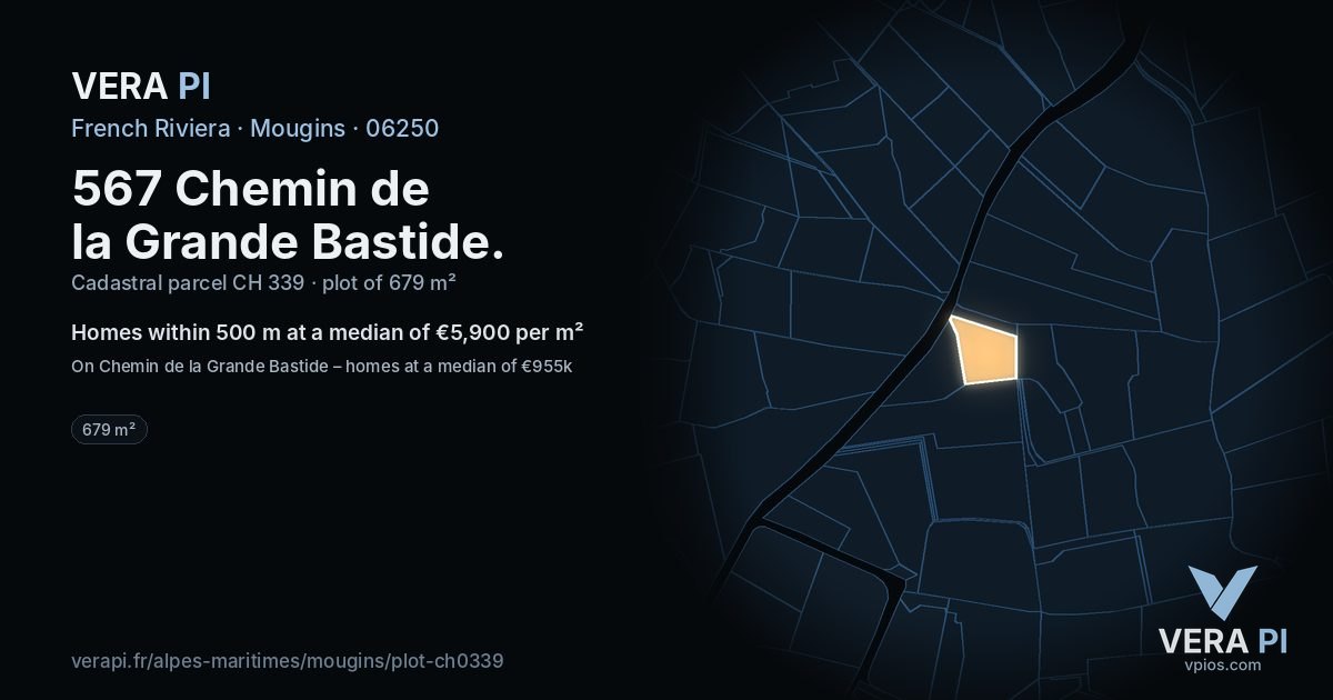 567 Chemin de la Grande Bastide, Mougins at night – the plot lit, the parcels around coloured by the prices near them