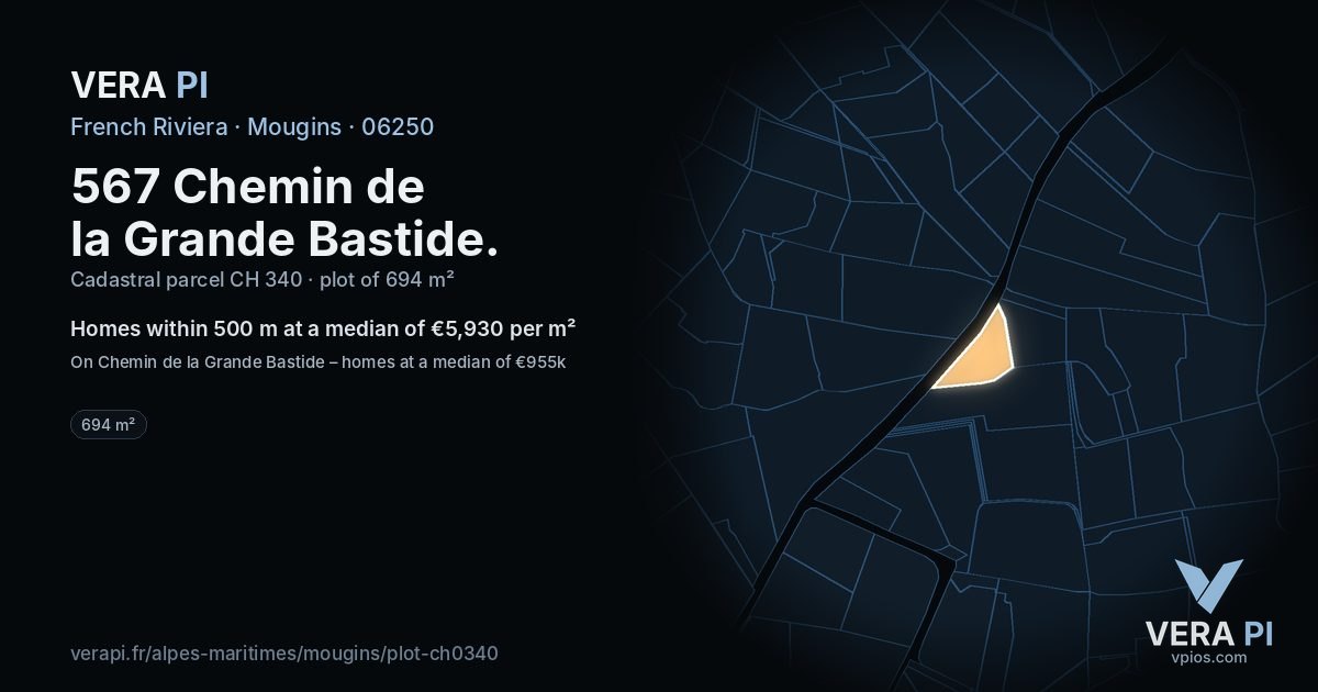 567 Chemin de la Grande Bastide, Mougins at night – the plot lit, the parcels around coloured by the prices near them