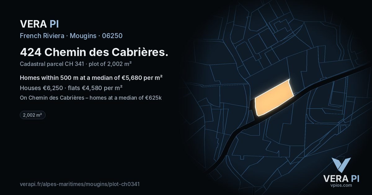 424 Chemin des Cabrières, Mougins at night – the plot lit, the parcels around coloured by the prices near them