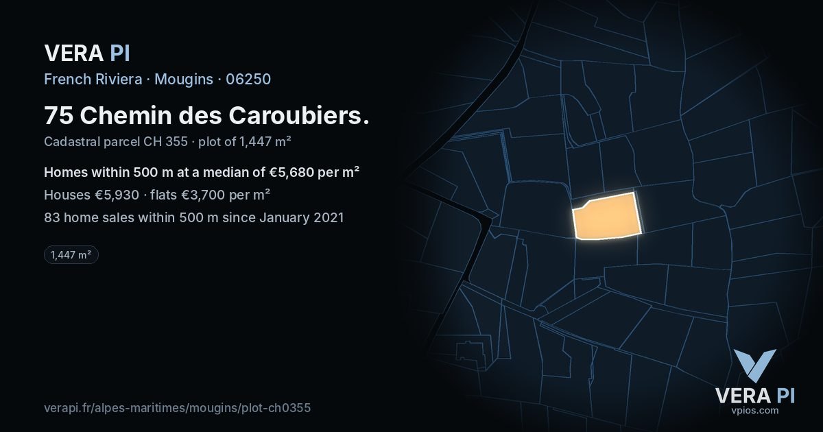 75 Chemin des Caroubiers, Mougins at night – the plot lit, the parcels around coloured by the prices near them