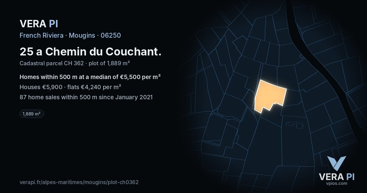 25 a Chemin du Couchant, Mougins at night – the plot lit, the parcels around coloured by the prices near them