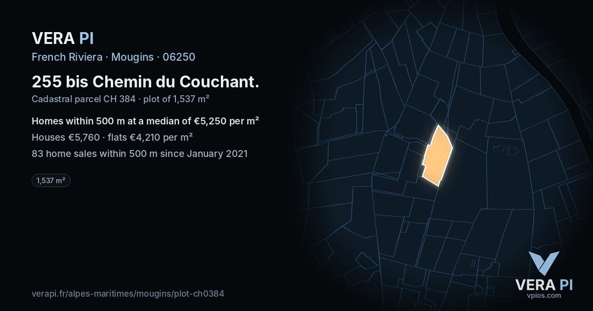 255 bis Chemin du Couchant, Mougins at night – the plot lit, the parcels around coloured by the prices near them