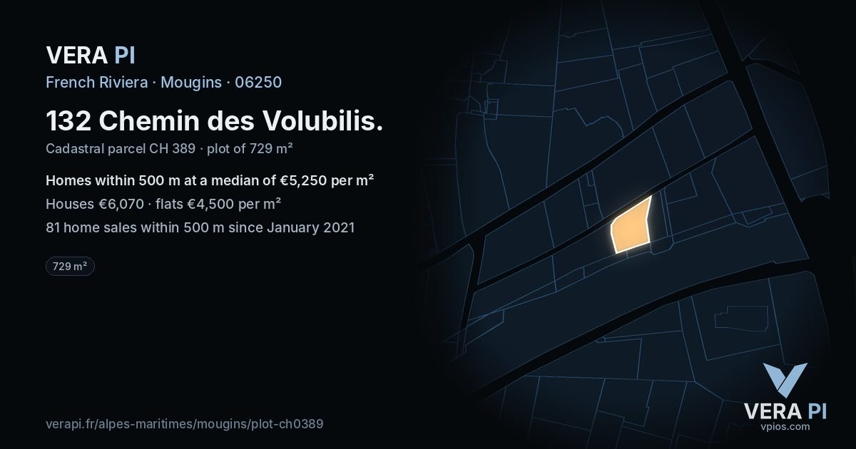 132 Chemin des Volubilis, Mougins at night – the plot lit, the parcels around coloured by the prices near them