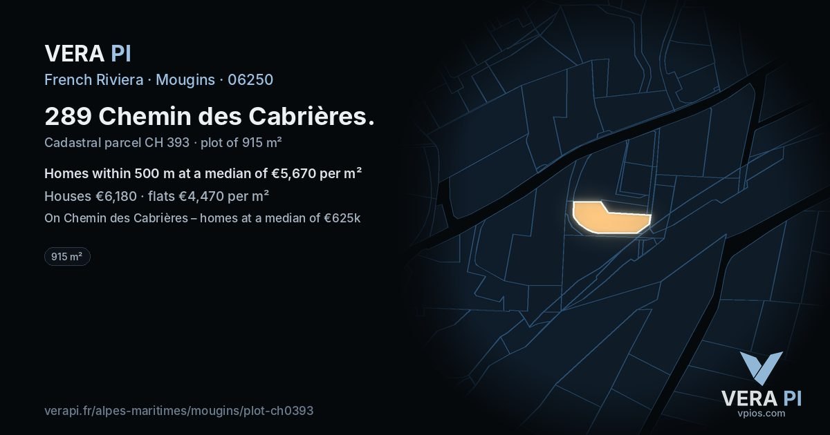 289 Chemin des Cabrières, Mougins at night – the plot lit, the parcels around coloured by the prices near them
