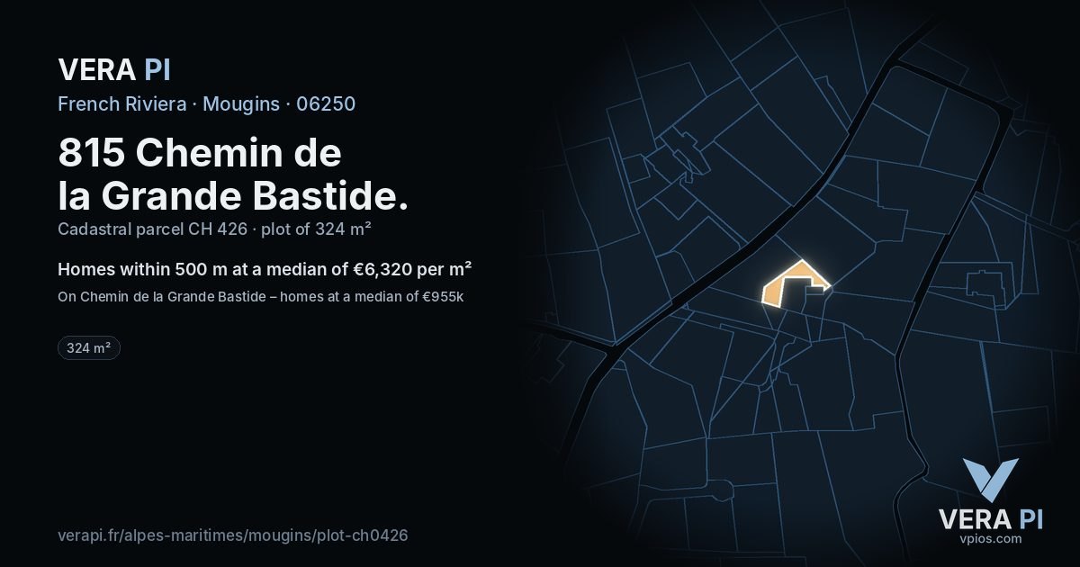 815 Chemin de la Grande Bastide, Mougins at night – the plot lit, the parcels around coloured by the prices near them
