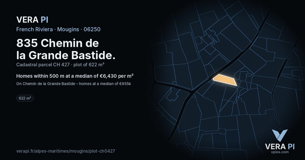 835 Chemin de la Grande Bastide, Mougins at night – the plot lit, the parcels around coloured by the prices near them