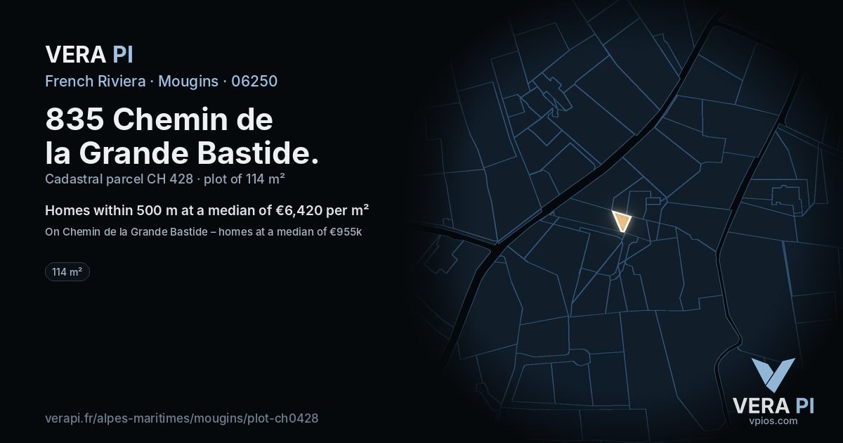 835 Chemin de la Grande Bastide, Mougins at night – the plot lit, the parcels around coloured by the prices near them
