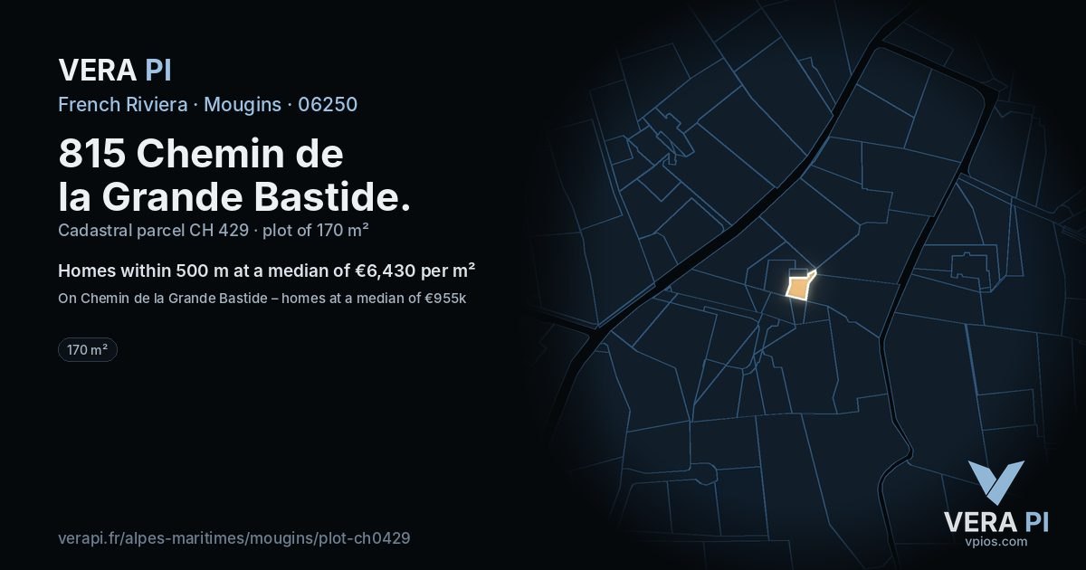 815 Chemin de la Grande Bastide, Mougins at night – the plot lit, the parcels around coloured by the prices near them