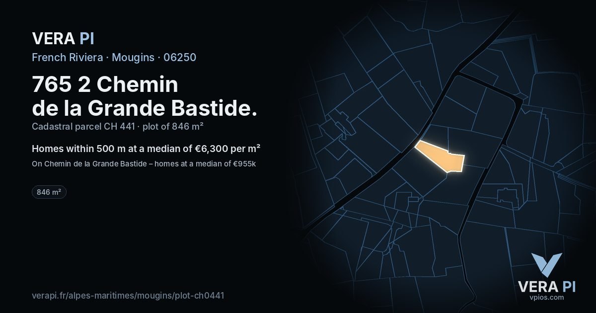 765 2 Chemin de la Grande Bastide, Mougins at night – the plot lit, the parcels around coloured by the prices near them