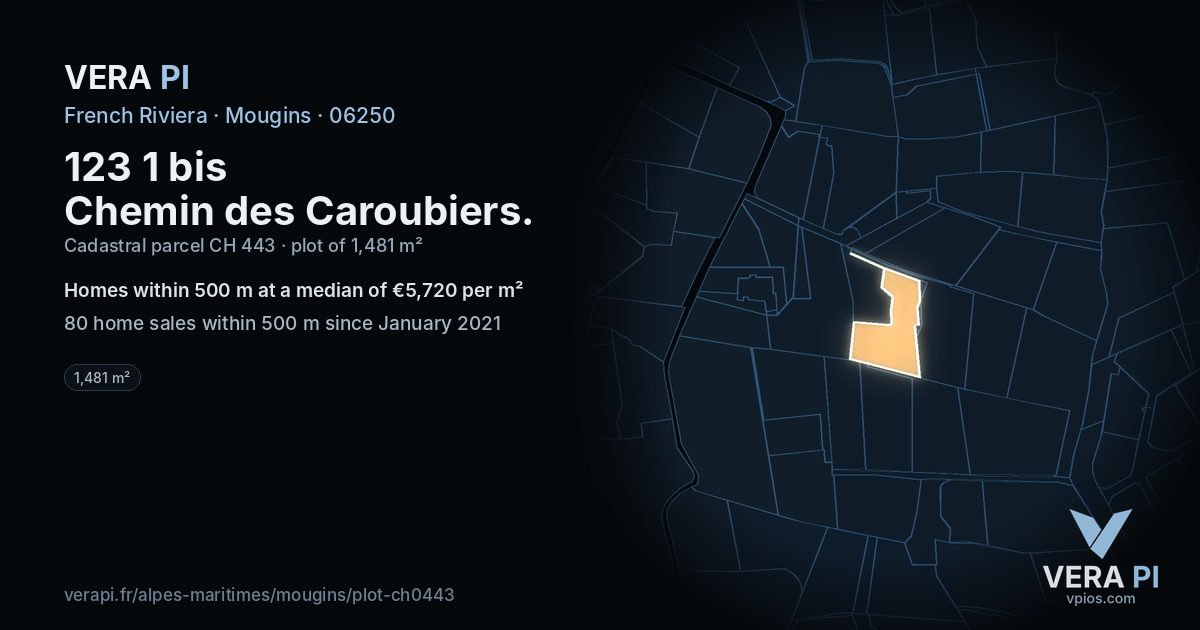 123 1 bis Chemin des Caroubiers, Mougins at night – the plot lit, the parcels around coloured by the prices near them